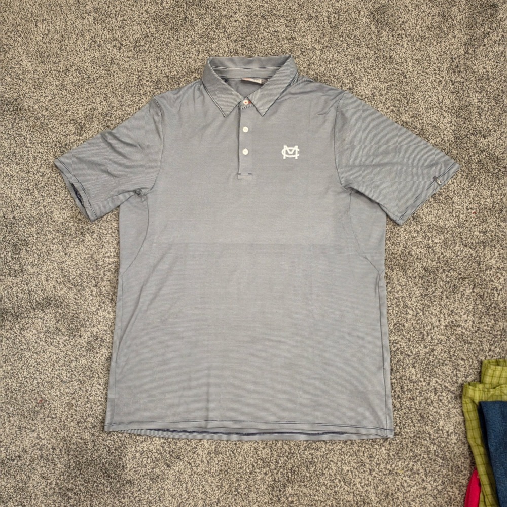 KJUS Golf Polo Shirt Men's Medium Blue White Micro Stripe Montecito Club 1918 - Picture 2 of 7